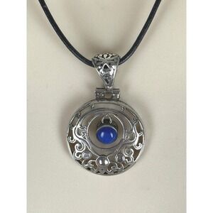 Indian Pendant Necklace Blue‎ Gemstone Silver Tone Black Cord